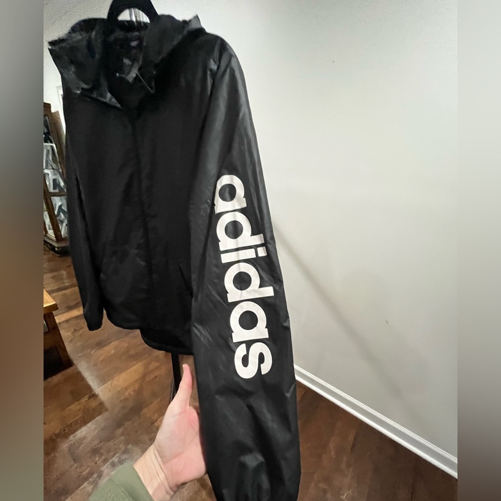 Adidas Black Hooded Windbreaker Lightweight Jacket White Logo Women’s Large